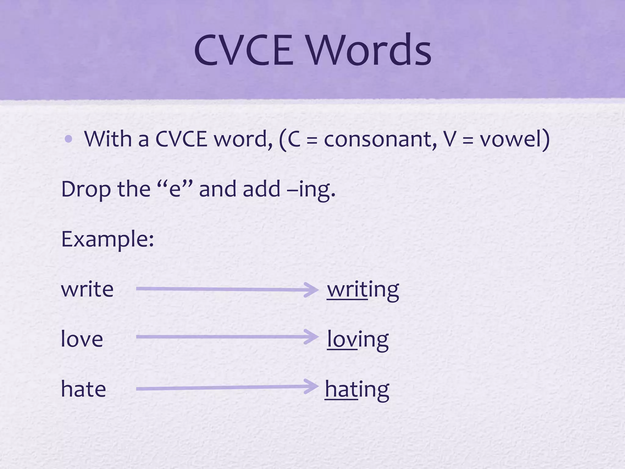 CVCE Words
• With a CVCE word, (C = consonant, V = vowel)
Drop the “e” and add –ing.
Example:
write writing
love loving
hate hating