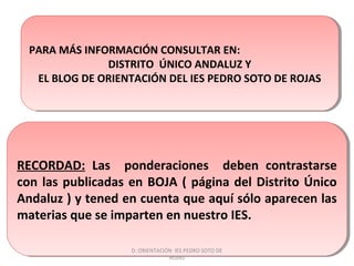 RECORDAD: Las ponderaciones deben contrastarse
con las publicadas en BOJA ( página del Distrito Único
Andaluz ) y tened en cuenta que aquí sólo aparecen las
materias que se imparten en nuestro IES.
RECORDAD: Las ponderaciones deben contrastarse
con las publicadas en BOJA ( página del Distrito Único
Andaluz ) y tened en cuenta que aquí sólo aparecen las
materias que se imparten en nuestro IES.
PARA MÁS INFORMACIÓN CONSULTAR EN:
DISTRITO ÚNICO ANDALUZ Y
EL BLOG DE ORIENTACIÓN DEL IES PEDRO SOTO DE ROJAS
PARA MÁS INFORMACIÓN CONSULTAR EN:
DISTRITO ÚNICO ANDALUZ Y
EL BLOG DE ORIENTACIÓN DEL IES PEDRO SOTO DE ROJAS
D. ORIENTACIÓN IES PEDRO SOTO DE
ROJAS
 
