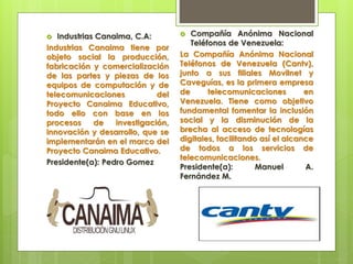  Industrias Canaima, C.A:
Industrias Canaima tiene por
objeto social la producción,
fabricación y comercialización
de las...
