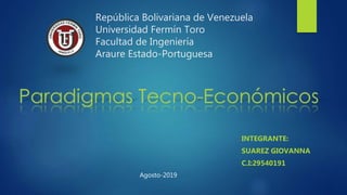 República Bolivariana de Venezuela
Universidad Fermín Toro
Facultad de Ingeniería
Araure Estado-Portuguesa
INTEGRANTE:
SUAREZ GIOVANNA
C.I:29540191
Agosto-2019
 
