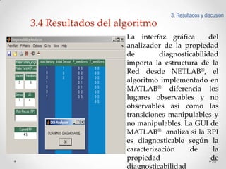 3. Resultados y discusión

3.4 Resultados del algoritmo
La interfaz gráfica
del
analizador de la propiedad
de
diagnosticabilidad
importa la estructura de la
Red desde NETLAB®, el
algoritmo implementado en
MATLAB® diferencia los
lugares observables y no
observables así como las
transiciones manipulables y
no manipulables. La GUI de
MATLAB® analiza si la RPI
es diagnosticable según la
caracterización
de
la
propiedad
de
20
diagnosticabilidad

 