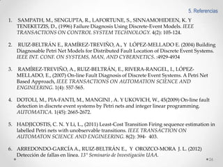 5. Referencias
1.

SAMPATH, M., SENGUPTA, R., LAFORTUNE, S., SINNAMOHIDEEN, K. Y
TENEKETZIS, D., (1996) Failure Diagnosis Using Discrete-Event Models. IEEE
TRANSACTIONS ON CONTROL SYSTEM TECHNOLOGY. 4(2): 105-124.

2.

RUIZ-BELTRÁN E., RAMÍREZ-TREVIÑO, A., Y LÓPEZ-MELLADO E. (2004) Building
Diagnosable Petri Net Models for Distributed Fault Location of Discrete Event Systems.
IEEE INT. CONF. ON SYSTEMS, MAN, AND CYBERNETICS. :4929-4934

3.

RAMÍREZ-TREVIÑO, A., RUIZ-BELTRÁN, E., RIVERA-RANGEL, I., LÓPEZMELLADO, E., (2007) On-line Fault Diagnosis of Discrete Event Systems. A Petri Net
Based Approach, IEEE TRANSACTIONS ON AUTOMATION SCIENCE AND
ENGINEERING. 1(4): 557-565.

4. DOTOLI, M., PIA-FANTI, M., MANGINI , A. Y UKOVICH, W., 45(2009) On-line fault
detection in discrete event systems by Petri nets and integer linear programming.
AUTOMATICA. 1(45): 2665-2672.
5. HADJICOSTIS, C. N. Y Li, L., (2011) Least-Cost Transition Firing sequence estimation in
labelled Petri nets with unobservable transitions. IEEE TRANSACTION ON
AUTOMATON SCIENCE AND ENGINEERING. 8(2): 394- 403.
6. ARREDONDO-GARCÍA A., RUIZ-BELTRÁN E., Y OROZCO-MORA J. L. (2012)
Detección de fallas en línea. 13° Seminario de Investigación UAA.

26

 