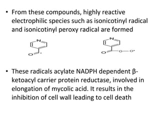 • From these compounds, highly reactive
electrophilic species such as isonicotinyl radical
and isonicotinyl peroxy radical are formed
• These radicals acylate NADPH dependent β-
ketoacyl carrier protein reductase, involved in
elongation of mycolic acid. It results in the
inhibition of cell wall leading to cell death
 