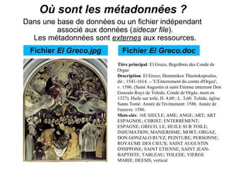 Où sont les métadonnées ?
Dans une base de données ou un fichier indépendant
         associé aux données (sidecar file).
  Les métadonnées sont externes aux ressources.
 Fichier El Greco.jpg       Fichier El Greco.doc
                          Titre principal: El Greco, Begräbnis des Conde de
                          Orgaz
                          Description: El Greco, Domenikos Theotokopoulos,
                          dit ; 1541-1614. .- 'L'Enterrement du comte d'Orgaz',
                          v. 1586. (Saint Augustin et saint Etienne enterrent Don
                          Gonzalo Ruyz de Toledo, Conde de Orgáz, mort en
                          1327). Huile sur toile, H. 4,60 ; L. 3,60. Tolède, église
                          Santo Tomé. Année de l'évènement: 1586. Année de
                          l'oeuvre: 1586.
                          Mots-clés: 16E SIECLE; AME; ANGE; ART; ART
                          ESPAGNOL; CHRIST; ENTERREMENT;
                          ESPAGNE; GRECO, LE; HUILE SUR TOILE;
                          INHUMATION; MANIERISME; MORT; ORGAZ,
                          DON GONZALO RUYZ; PEINTURE; PERSONNE;
                          ROYAUME DES CIEUX; SAINT AUGUSTIN
                          D'HIPPONE; SAINT ETIENNE; SAINT JEAN-
                          BAPTISTE; TABLEAU; TOLEDE; VIERGE
                          MARIE; DEESIS, vertical
 
