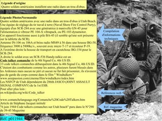 Légende d'origine
Quatre soldats américains installent une radio dans un trou d'obus.


Légende PhotosNormandie
Quatre soldats américains avec une radio dans un trou d'obus à Utah Beach.
Une équipe de réglage du tir naval à terre (Naval Shore Fire Control Party),
équipée d'un SCR-284 avec une génératrice à manivelle GN-45 pour
l'alimentation à vibreur PE 104-A vibrapack, ou PE-103 dynamotor.                 Compilation
Cet appareil fonctionne aussi à pile BA-43 (il semble qu'une soit présente       d'informations
sur la tablette du SCR).                                                           techniques
Antenne IN-106 ou 106A et brins radio MS49 à 56 dans une housse BG-58,
fréquence 3800 à 5800kc/s., souvent avec micro T-17 et écouteur P-19.
A l'extrême droite la housse de transport en caoutchouc BG-154 pour le
SCR-284.
A droite le soldat avec un SCR-536 Handy-talkie est un
Code talker comanche de la 4th Signal Co, 4th US ID.
13 code talkers comanches débarquèrent dans la 4th Signal Co, 4th US ID.
C'étaient des combattants comme les autres, plusieurs furent blessés dans
les Ardennes mais aucun ne péri et aucun ne fut fait prisonnier, ils n'avaient
pas de garde du corps comme dans le film " Windtalkers "
www.asiepassion.com/cinema/film/windtalkers/index.htm
Les NSFCP de Utah dépendaient du 286th JASCO (JOINT ASSAULT
SIGNAL COMPANY) de la 1st ESB.
Pour aller plus loin :
en.wikipedia.org/wiki/Code_talker                                                Références web

www.comanchelanguage.org/Comanche%20Code%20Talkers.htm
Article de Stéphane Jacquet intitulé
"6 juin 1944 Code talkers comanches sur Utah beach" paru dans le N°290            Réf. magazine
de 39-45 Magazine

Réf. p011944
 