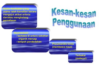Risiko kesihatan yang
utama ialah kematian secara
mengejut akibat aritmia
dan/atau menghalang
pernafasan
Neurotoksik
- berbeza di antara sebatian
organik meruap
- tempoh pendedahan
Pneumonitis kimia
(membawa maut)
Terbakar
(melecur)
 