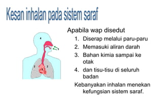 Apabila wap disedut
1. Diserap melalui paru-paru
2. Memasuki aliran darah
3. Bahan kimia sampai ke
otak
4. dan tisu-tisu di seluruh
badan
Kebanyakan inhalan menekan
kefungsian sistem saraf.
 