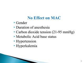 No Effect on MAC
 Gender
 Duration of anesthesia
 Carbon dioxide tension (21-95 mmHg)
 Metabolic Acid base status
 Hypertension
 Hyperkalemia
11
 