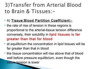  A) Tissue:Blood Partition Coefficient:-
 the rate of rise of tension in these regions is
proportional to the arterial-tissue tension difference
conversely, their solubility in lipid tissues is far
greater than that for blood
 at equilibrium the concentration in lipid tissues will be
far greater than that in blood
 the tissue concentration will rise above that of blood
well before pressure equilibrium, even though the
tissue tension is lower
 