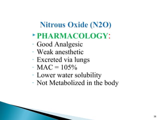  PHARMACOLOGY:
- Good Analgesic
- Weak anesthetic
- Excreted via lungs
- MAC = 105%
- Lower water solubility
- Not Metabolized in the body
38
 