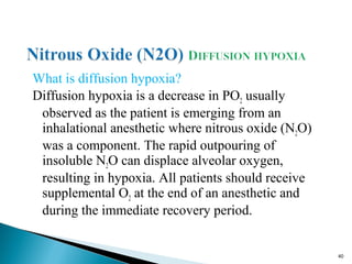 What is diffusion hypoxia?
Diffusion hypoxia is a decrease in PO2 usually
observed as the patient is emerging from an
inhalational anesthetic where nitrous oxide (N2O)
was a component. The rapid outpouring of
insoluble N2O can displace alveolar oxygen,
resulting in hypoxia. All patients should receive
supplemental O2 at the end of an anesthetic and
during the immediate recovery period.
40
 