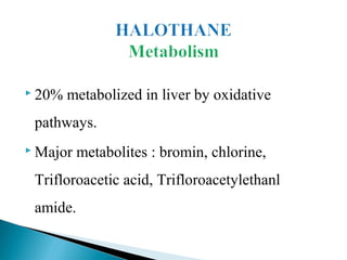  20% metabolized in liver by oxidative
pathways.
 Major metabolites : bromin, chlorine,
Trifloroacetic acid, Trifloroacetylethanl
amide.
 