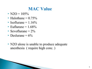 MAC Value
 N2O = 105%
 Halothane = 0.75%
 Isoflurane = 1.16%
 Euflurane = 1.68%
 Sevoflurane = 2%
 Deslurane = 6%
 N2O alone is unable to produce adequate
anesthesia ( require high conc. )
9
 