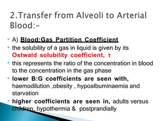 ▶ A) Blood:Gas Partition Coefficient
▶ the solubility of a gas in liquid is given by its
Ostwald solubility coefficient, τ
▶ this represents the ratio of the concentration in blood
to the concentration in the gas phase
▶ lower B:G coefficients are seen with,
haemodilution ,obesity , hypoalbuminaemia and
starvation
▶ higher coefficients are seen in, adults versus
children, hypothermia & postprandially
 