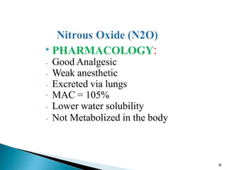 ▶ PHARMACOLOGY:
- Good Analgesic
- Weak anesthetic
- Excreted via lungs
- MAC = 105%
- Lower water solubility
- Not Metabolized in the body
38
 