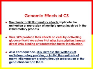 Genomic Effects of CS The classic antiinflammatory effects implicate the activation or repression of multiple genes involved in the inflammatory process. Thus, SCS produce their effects on cells by activating glucocorticoid receptors that alter transcription through direct DNA binding or transcription factor inactivation. As a consequence, SCS increase the synthesis of antiinflammatory proteins, or inhibit the synthesis of many inflammatory proteins through suppression of the genes that encode them.  