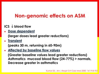 Non-genomic effects on ASM 
ICS  blood flow 
●Dose dependent 
(larger doses lead greater reductions) 
●Transient 
(peaks 30 m, returning in 60-90m) 
●Affected by baseline flow values 
(Greater baseline values lead greater reductions) Asthmatics mucosal blood flow (24-77%) > normals, Decrease greater in asthmatics 
Kumar SD,. Am J Respir Crit Care Med 2000; 161:918–921  