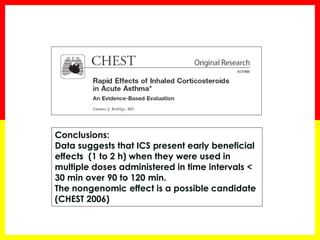 Conclusions: 
Data suggests that ICS present early beneficial effects (1 to 2 h) when they were used in multiple doses administered in time intervals < 30 min over 90 to 120 min. 
The nongenomic effect is a possible candidate (CHEST 2006)  
