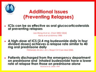 Additional Issues (Preventing Relapses) 
●ICSs can be as effective as oral glucocorticosteroids at preventing relapses 
Lee-Wong M et al.. Chest 2002;122(4) 
Nana A et al Asthma 1998 
●A high-dose of ICS (2.4 mg budesonide daily in four divided doses) achieves a relapse rate similar to 40 mg oral prednisone daily 
FitzGerald JM eta l. Am J Respir Crit Care Med 2000. 
●Patients discharged from the emergency department on prednisone and inhaled budesonide have a lower rate of relapse than those on prednisone alone 
Rowe B et al. JAMA 1999 
 