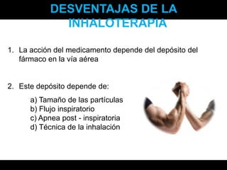 DESVENTAJAS DE LA INHALOTERAPIALa acción del medicamento depende del depósito del fármaco en la vía aéreaEste depósito depende de: 		a) Tamaño de las partículas		b) Flujo inspiratorio		c) Apnea post - inspiratoria		d) Técnica de la inhalación