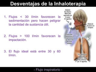 Desventajas de la InhaloterapiaFlujos < 30 l/min favorecen la sedimentación pero hacen peligrar la cantidad de sustancia útil.Flujos > 100 l/min favorecen la impactación.El flujo ideal está entre 30 y 60 l/min.- Flujo inspiratorio - 