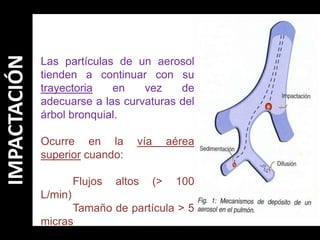 Las partículas de un aerosol tienden a continuar con su trayectoria en vez de  adecuarse a las curvaturas del árbol bronquial.Ocurre en la vía aérea superior cuando: Flujos altos (> 100 L/min)	Tamaño de partícula > 5 micrasIMPACTACIÓN
