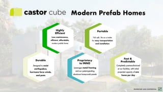 PROPRIETARY AND CONFIDENTIAL
Durable
Designed to resist
earthquakes,
hurricane force winds,
and pests
Proprietary
to INNO
Leverages metal framing
and our patent-pending
aluminum honeycomb panels
Fast &
Predictable
Completely premanufactured
at our facilities, with initial
projected capacity of one
home per day
Highly
Efficient
Low maintenance,
efficient, affordable,
modern prefab home
Portable
743 sqft.; fits on a trailer
for easy transportation
and installation
Modern Prefab Homes
 