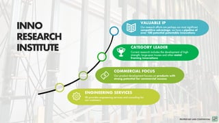 PROPRIETARY AND CONFIDENTIAL
INNO
RESEARCH
INSTITUTE
VALUABLE IP
Our research efforts are perhaps our most significant
competitive advantage; we have a pipeline of
over 100 potential patentable innovations
CATEGORY LEADER
Current research includes the development of high-
strength, large-span trusses and other metal
framing innovations
COMMERCIAL FOCUS
Our product development focuses on products with
strong potential for commercial success
ENGINEERING SERVICES
IRI provides engineering services and consulting for
our customers
 