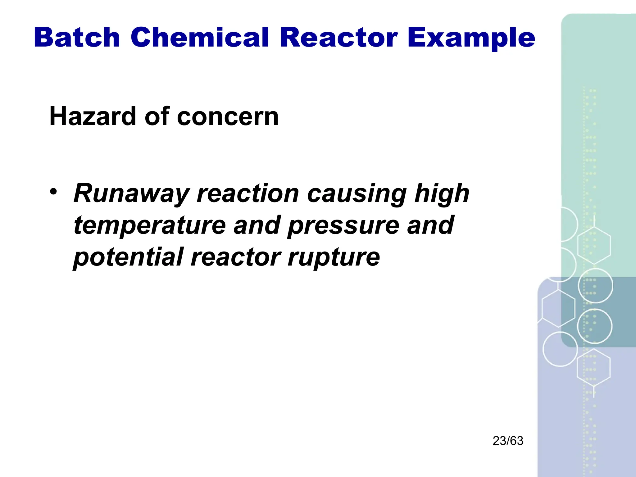 23/63
Batch Chemical Reactor Example
Hazard of concern
• Runaway reaction causing high
temperature and pressure and
potential reactor rupture
 