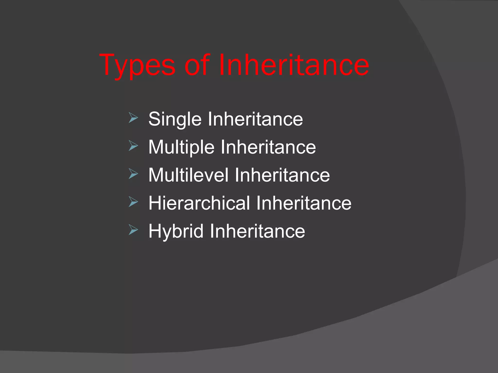 Types of Inheritance Single Inheritance Multiple Inheritance Multilevel Inheritance Hierarchical Inheritance Hybrid Inheritance 