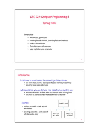 CSC 222: Computer Programming II

                                   Spring 2005


      Inheritance
              derived class, parent class
              inheriting fields & methods, overriding fields and methods
              bank account example
              IS-A relationship, polymorphism
              super methods, super constructor




                                                                                    1




Inheritance
  inheritance is a mechanism for enhancing existing classes
        one of the most powerful techniques of object-oriented programming
        allows for large-scale code reuse

  with inheritance, you can derive a new class from an existing one
        automatically inherit all of the fields and methods of the existing class
        only need to add fields and/or methods for new functionality



   example:
    • savings account is a bank account
      with interest
    • checking account is a bank account
      with transaction fees

                                                                                    2
 