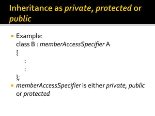    Example:
    class B : memberAccessSpecifier A
    {
       :
       :
    };
   memberAccessSpecifier is either private, public
    or protected
 