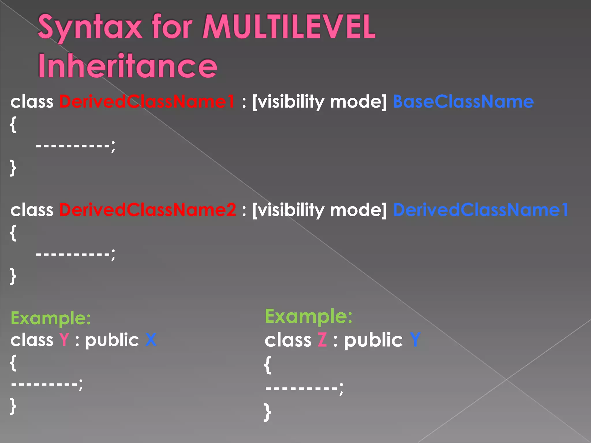 class DerivedClassName1 : [visibility mode] BaseClassName
{
   ----------;
}

class DerivedClassName2 : [visibility mode] DerivedClassName1
{
   ----------;
}

Example:                   Example:
class Y : public X         class Z : public Y
{                          {
---------;                 ---------;
}                          }
 