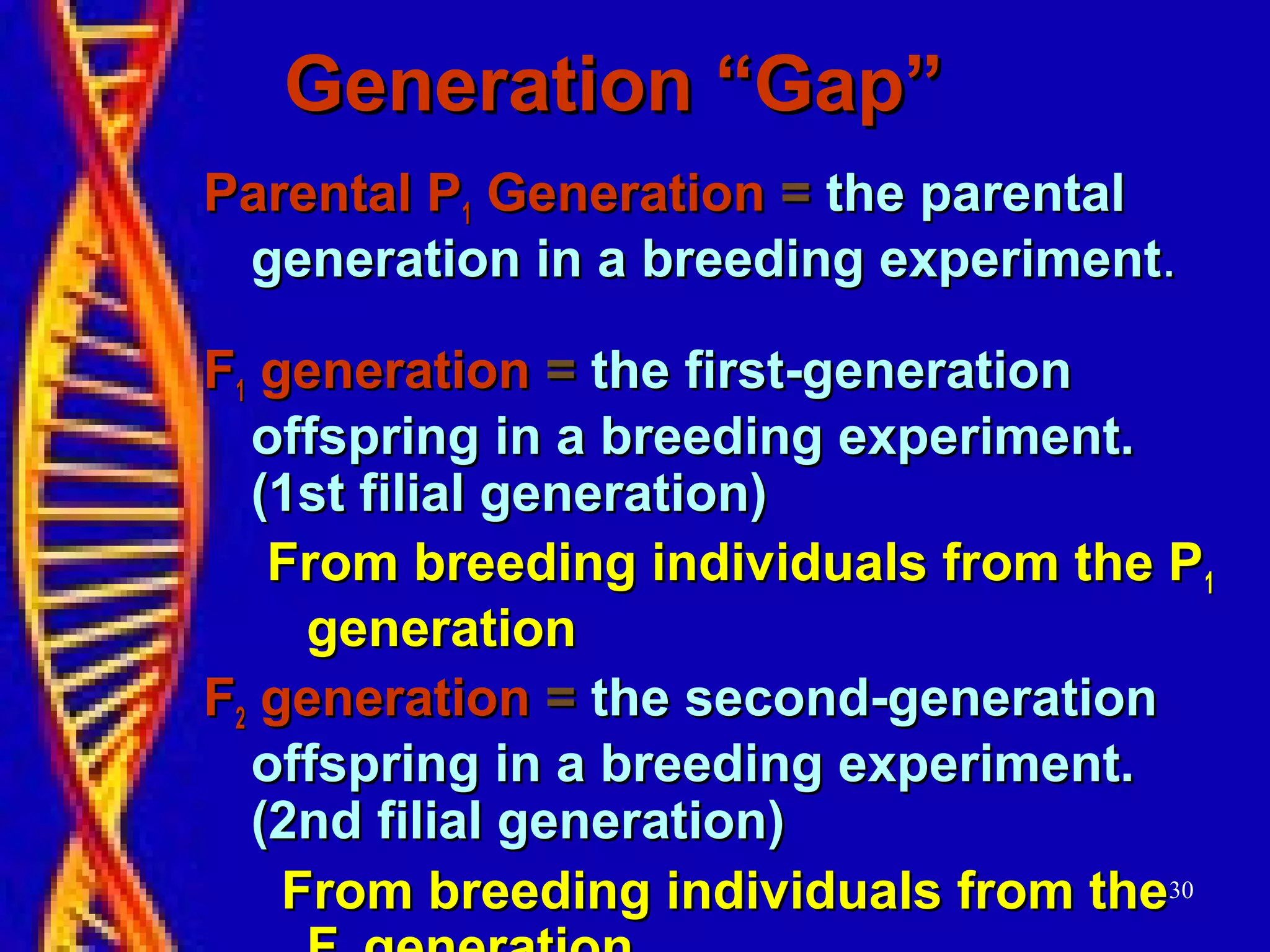 Generation “Gap”Generation “Gap”
Parental PParental P11 GenerationGeneration == the parentalthe parental
generation in a breeding experimentgeneration in a breeding experiment..
FF11 generationgeneration == the first-generationthe first-generation
offspring in a breeding experiment.offspring in a breeding experiment.
(1st filial generation)(1st filial generation)
From breeding individuals from the PFrom breeding individuals from the P11
generationgeneration
FF22 generationgeneration == the second-generationthe second-generation
offspring in a breeding experiment.offspring in a breeding experiment.
(2nd filial generation)(2nd filial generation)
From breeding individuals from theFrom breeding individuals from the30
 