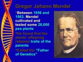 11
Gregor Johann MendelGregor Johann Mendel
BetweenBetween 1856 and1856 and
1863,1863, MendelMendel
cultivated andcultivated and
tested sometested some 28,00028,000
pea plantspea plants
He found that theHe found that the
plants' offspringplants' offspring
retainedretained traits of thetraits of the
parentsparents
Called theCalled the “Father“Father
of Genetics"of Genetics"
 