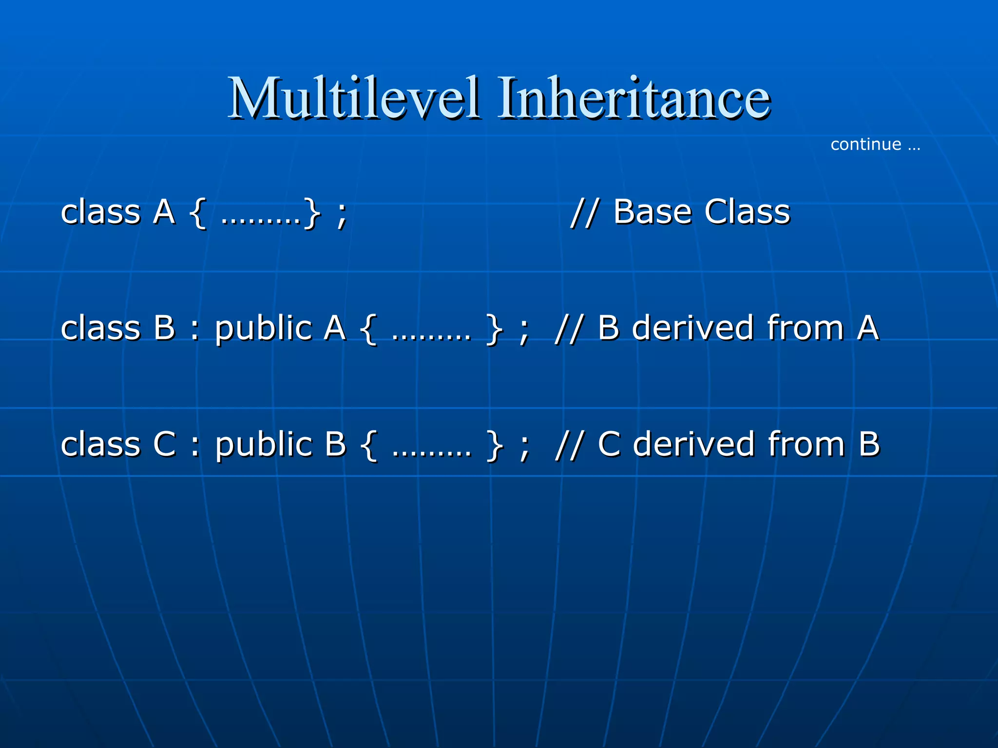 Multilevel Inheritance
continue …

class A { ………} ;

// Base Class

class B : public A { ……… } ; // B derived from A
class C : public B { ……… } ; // C derived from B

 