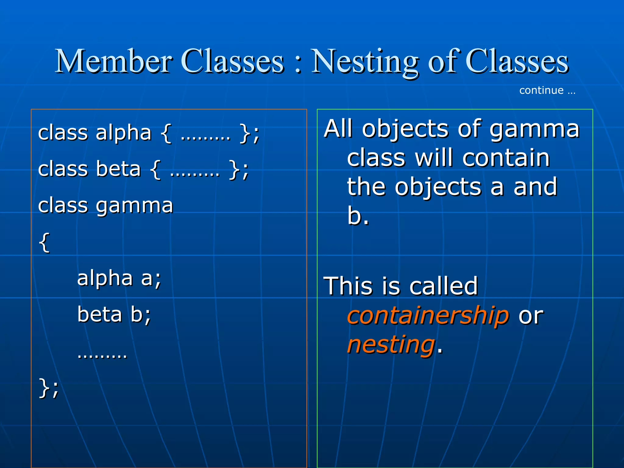 Member Classes : Nesting of Classes
continue …

class alpha { ……… };
class beta { ……… };
class gamma
{
alpha a;
beta b;
………
};

All objects of gamma
class will contain
the objects a and
b.
This is called
containership or
nesting.

 