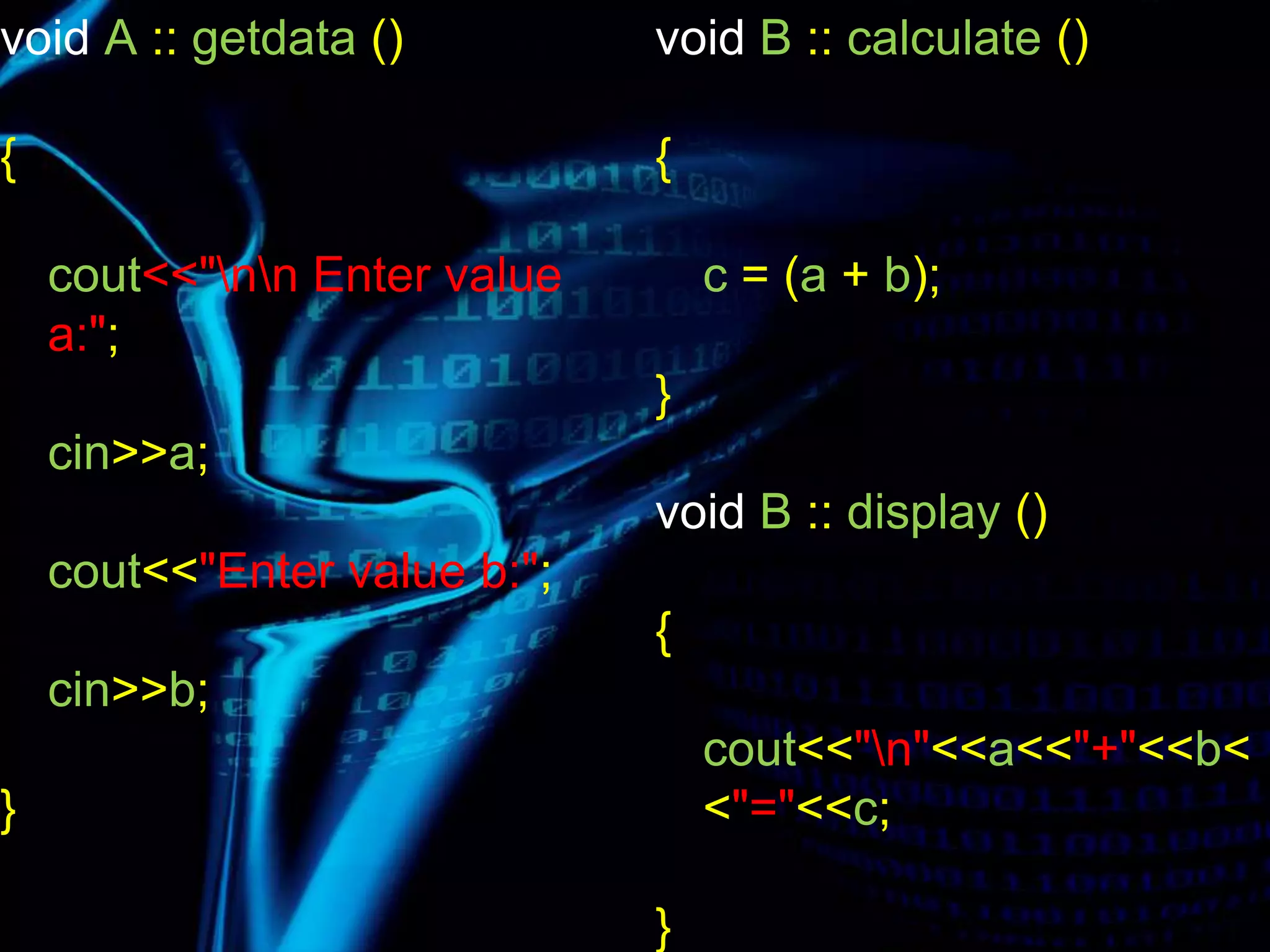 void A :: getdata ()
{
cout<<"nn Enter value
a:";
cin>>a;
cout<<"Enter value b:";
cin>>b;
}
void B :: calculate ()
{
c = (a + b);
}
void B :: display ()
{
cout<<"n"<<a<<"+"<<b<
<"="<<c;
}
 