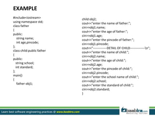 EXAMPLE
#include<iostream>
using namespace std;
class father
{
public:
string name;
int age,pincode;
};
class child:public father
{
public:
string school;
int standard;
};
main()
{
father obj1;
child obj2;
cout<<"enter the name of father:";
cin>>obj1.name;
cout<<"enter the age of father:";
cin>>obj1.age;
cout<<"enter the pincode of father:";
cin>>obj1.pincode;
cout<<"-------------DETAIL OF CHILD--------------n";
cout<<"enter the name of child:";
cin>>obj2.name;
cout<<"enter the age of child:";
cin>>obj2.age;
cout<<"enter the pincode of child:";
cin>>obj2.pincode;
cout<<"enter the school name of child:";
cin>>obj2.school;
cout<<"enter the standard of child:";
cin>>obj2.standard;
}
 