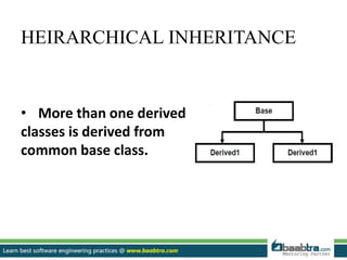 HEIRARCHICAL INHERITANCE
• More than one derived
classes is derived from
common base class.
 