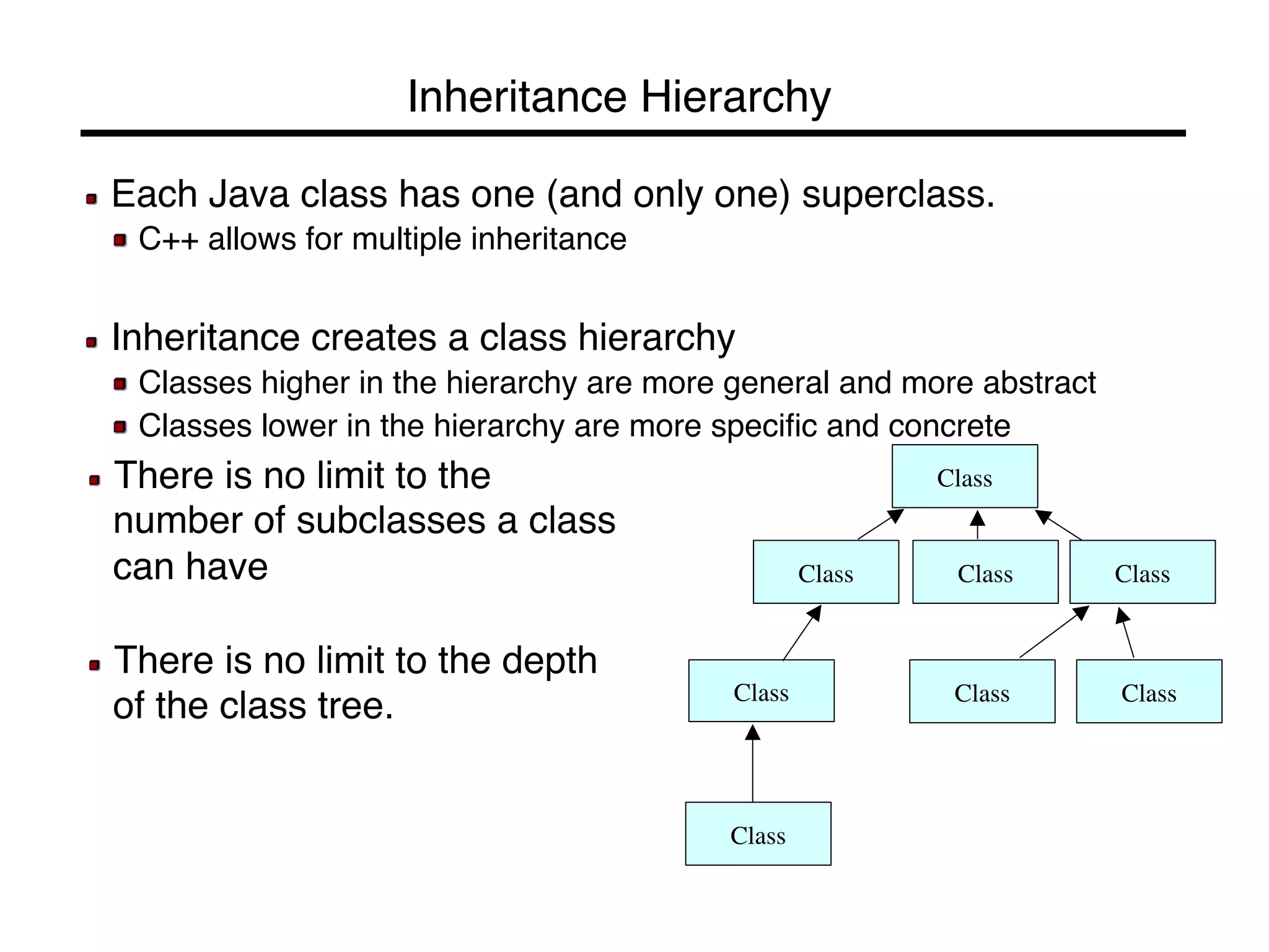 Inheritance Hierarchy! 
! Each Java class has one (and only one) superclass.! 
! C++ allows for multiple inheritance! 
! 
! Inheritance creates a class hierarchy! 
! Classes higher in the hierarchy are more general and more abstract! 
! Classes lower in the hierarchy are more specific and concrete! 
! There is no limit to the Class 
number of subclasses a class 
can have! 
! 
! There is no limit to the depth 
of the class tree.! 
Class 
Class 
Class 
Class 
Class 
Class 
Class 
 