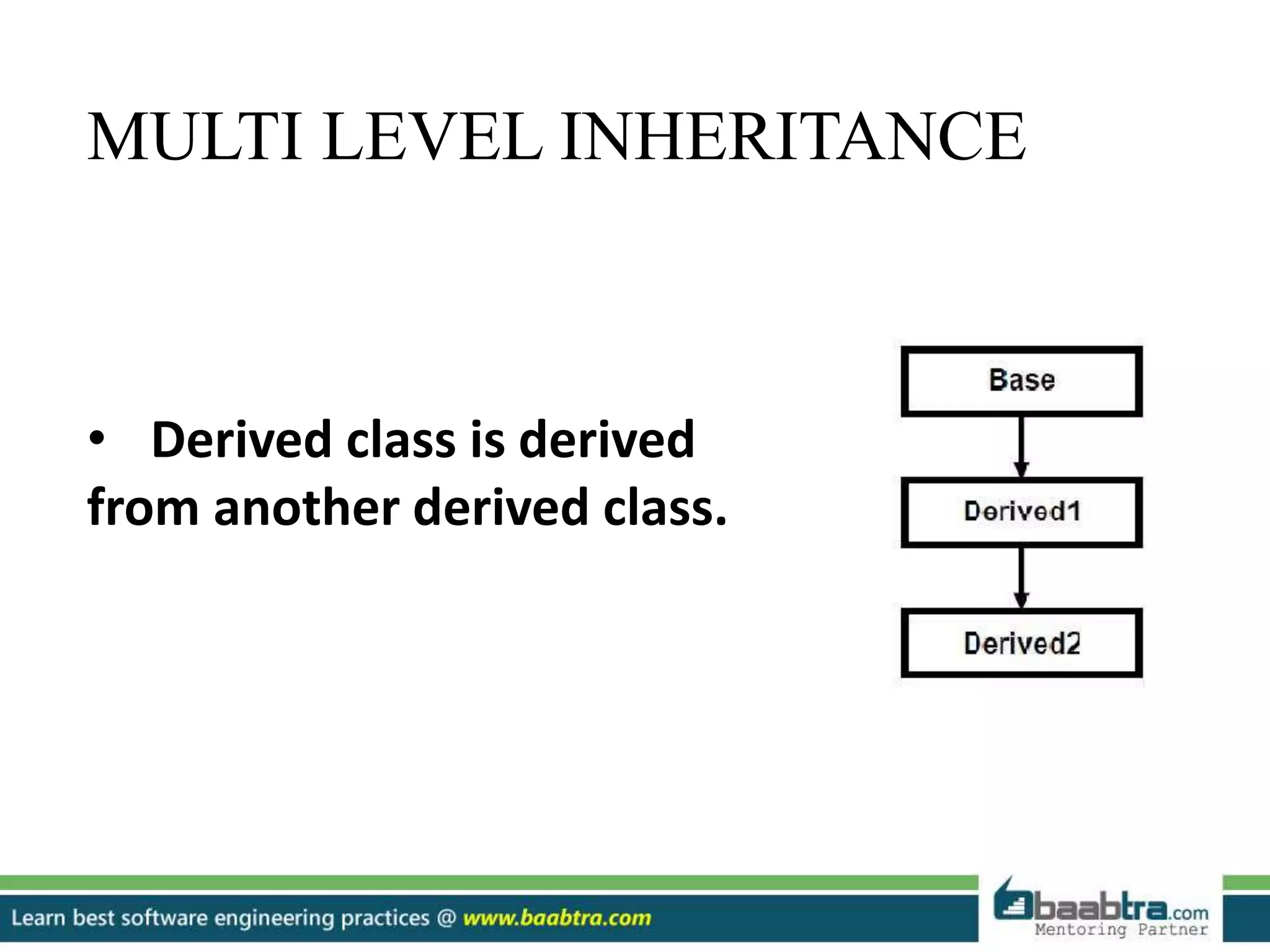 MULTI LEVEL INHERITANCE
• Derived class is derived
from another derived class.
 