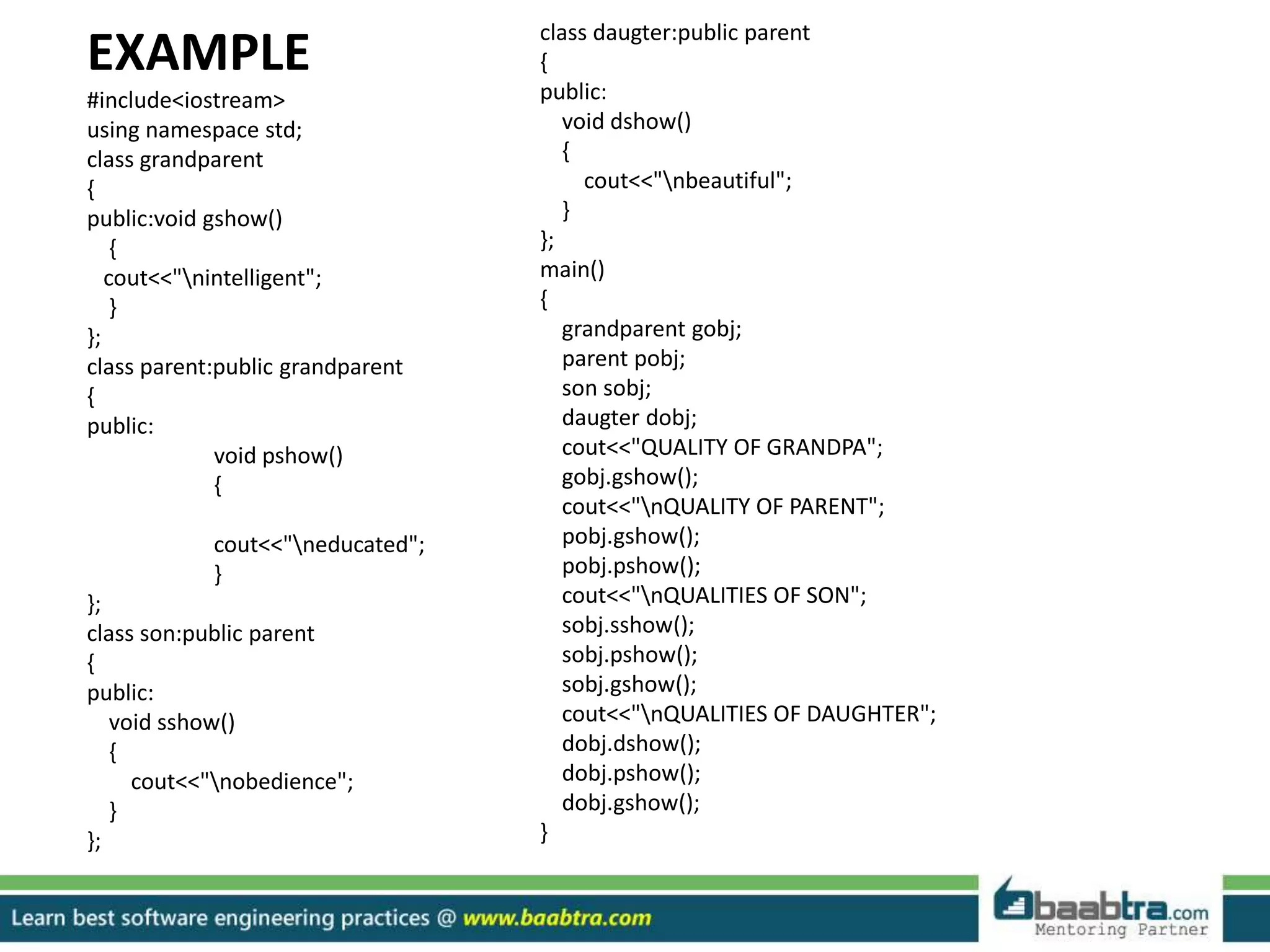 EXAMPLE
#include<iostream>
using namespace std;
class grandparent
{
public:void gshow()
{
cout<<"nintelligent";
}
};
class parent:public grandparent
{
public:
void pshow()
{
cout<<"neducated";
}
};
class son:public parent
{
public:
void sshow()
{
cout<<"nobedience";
}
};
class daugter:public parent
{
public:
void dshow()
{
cout<<"nbeautiful";
}
};
main()
{
grandparent gobj;
parent pobj;
son sobj;
daugter dobj;
cout<<"QUALITY OF GRANDPA";
gobj.gshow();
cout<<"nQUALITY OF PARENT";
pobj.gshow();
pobj.pshow();
cout<<"nQUALITIES OF SON";
sobj.sshow();
sobj.pshow();
sobj.gshow();
cout<<"nQUALITIES OF DAUGHTER";
dobj.dshow();
dobj.pshow();
dobj.gshow();
}
 