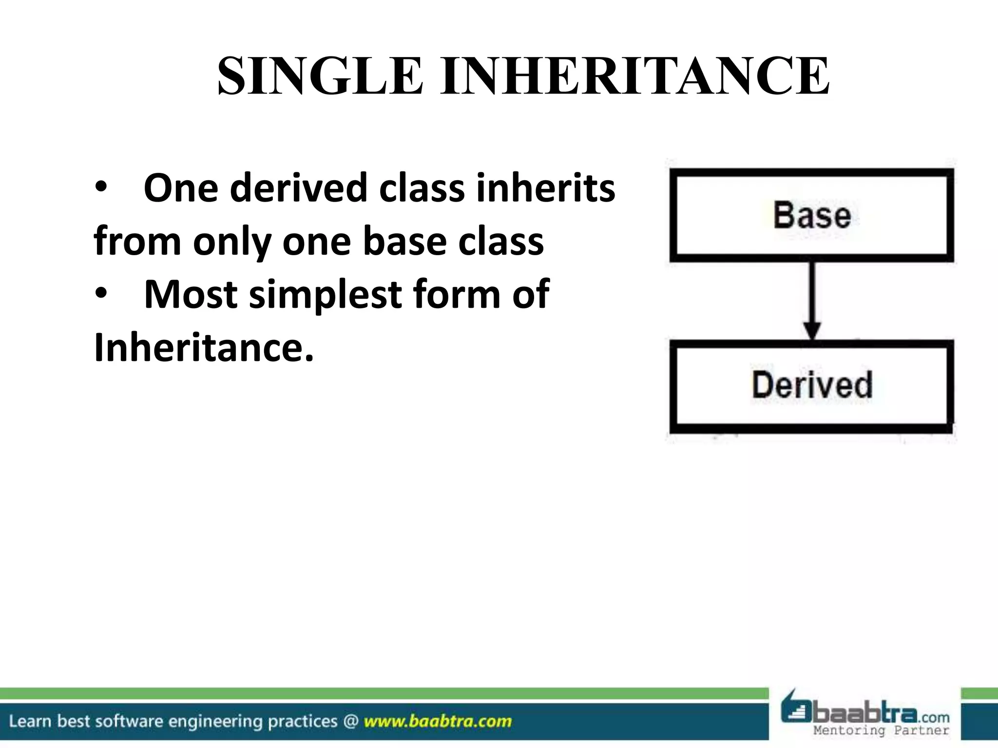 SINGLE INHERITANCE
• One derived class inherits
from only one base class
• Most simplest form of
Inheritance.
 