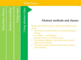 Inheritance
Usingabstractclass
InheritanceBasics
Usingsuper
Methodoverriding
Abstract methods and classes
While using abstract classes , following conditions must
satisfy
1. We cannot use abstract classes to instantiate objects
directly.
Ex : Shape s = new Shape()
is illegal because is an abstract class.
2. The abstract methods of an abstract class must be
defined in its subclass.
3. We cannot declare abstract constructors or abstract
static methods.
 