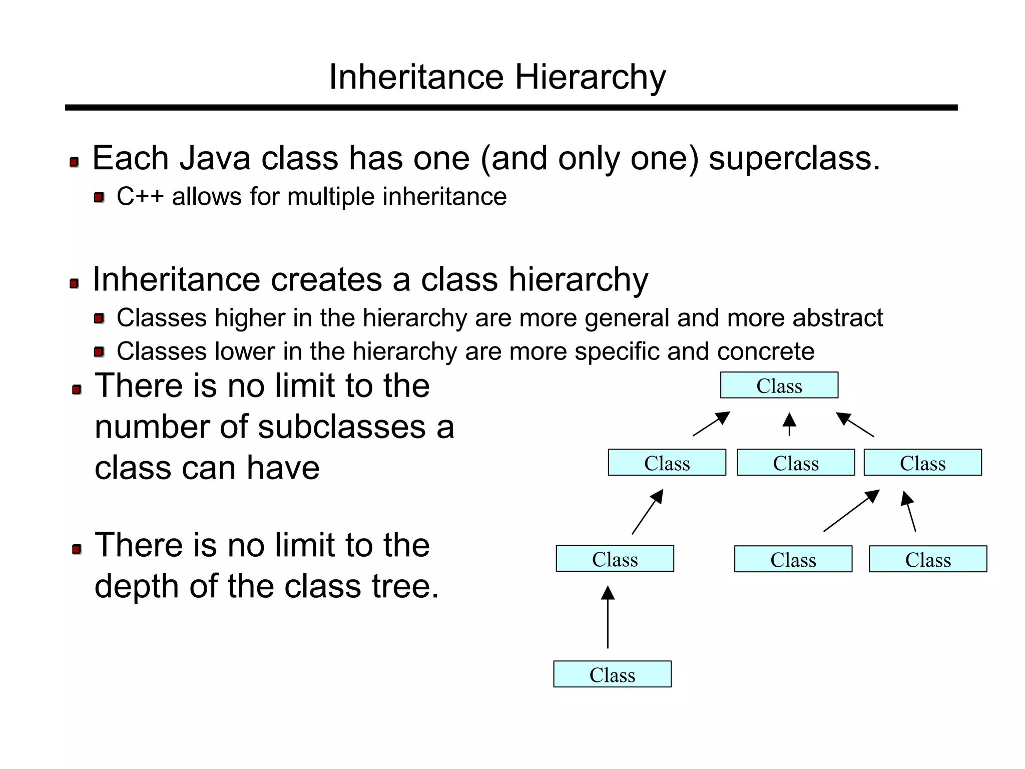 Inheritance Hierarchy
Each Java class has one (and only one) superclass.
C++ allows for multiple inheritance
Inheritance creates a class hierarchy
Classes higher in the hierarchy are more general and more abstract
Classes lower in the hierarchy are more specific and concrete
ClassThere is no limit to the
number of subclasses a
class can have
There is no limit to the
depth of the class tree.
Class Class Class
Class
Class ClassClass
 