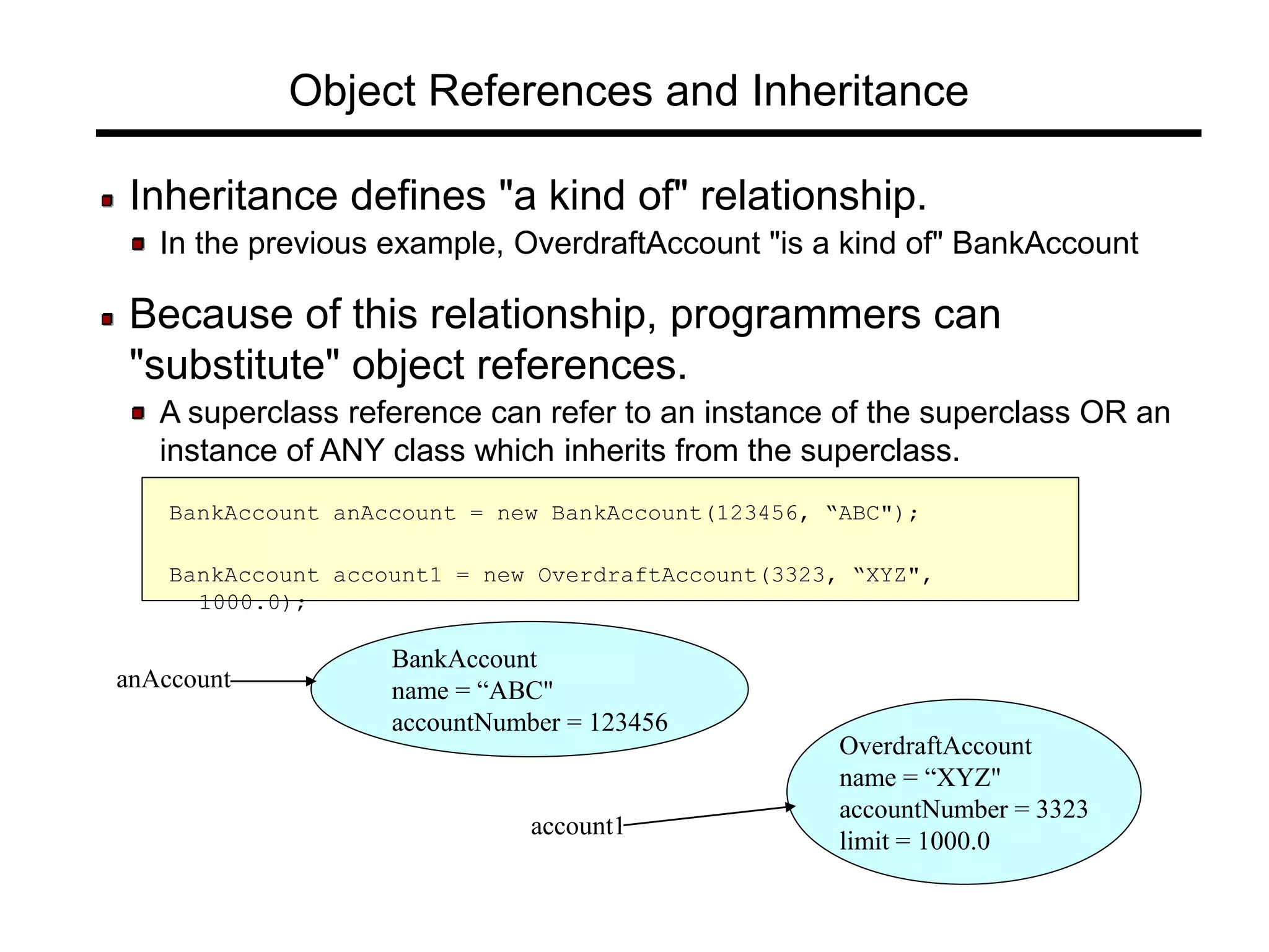 Object References and Inheritance
Inheritance defines "a kind of" relationship.
In the previous example, OverdraftAccount "is a kind of" BankAccount
Because of this relationship, programmers can
"substitute" object references.
A superclass reference can refer to an instance of the superclass OR an
instance of ANY class which inherits from the superclass.
BankAccount anAccount = new BankAccount(123456, “ABC");
BankAccount account1 = new OverdraftAccount(3323, “XYZ",
1000.0);
anAccount
account1
BankAccount
name = “ABC"
accountNumber = 123456
OverdraftAccount
name = “XYZ"
accountNumber = 3323
limit = 1000.0
 