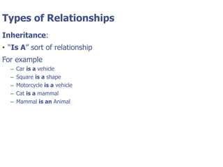© Tyler Technologies 201314
Types of Relationships
Inheritance:
• “Is A” sort of relationship
For example
– Car is a vehicle
– Square is a shape
– Motorcycle is a vehicle
– Cat is a mammal
– Mammal is an Animal
 