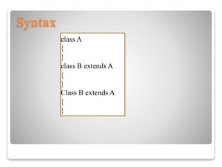 Syntax
class A
{
}
class B extends A
{
}
Class B extends A
{
}
 