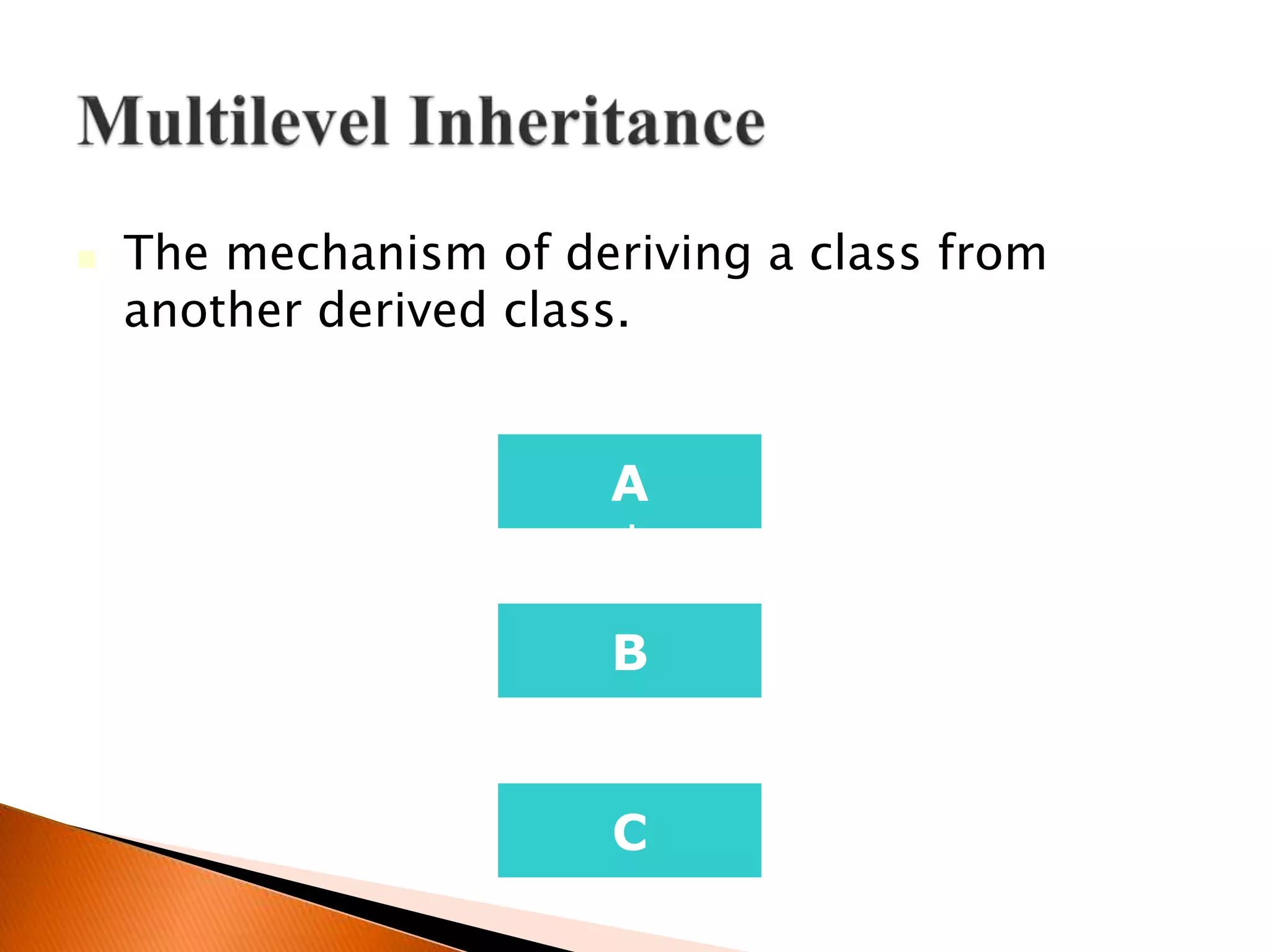  The mechanism of deriving a class from
another derived class.
A
C
B
 